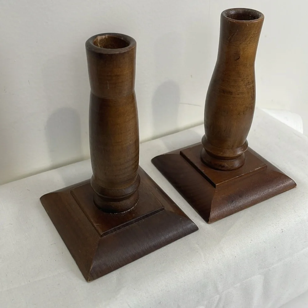 Vintage Wooden Candle Sticks Tapers Square Base Short Ardco Mid Century